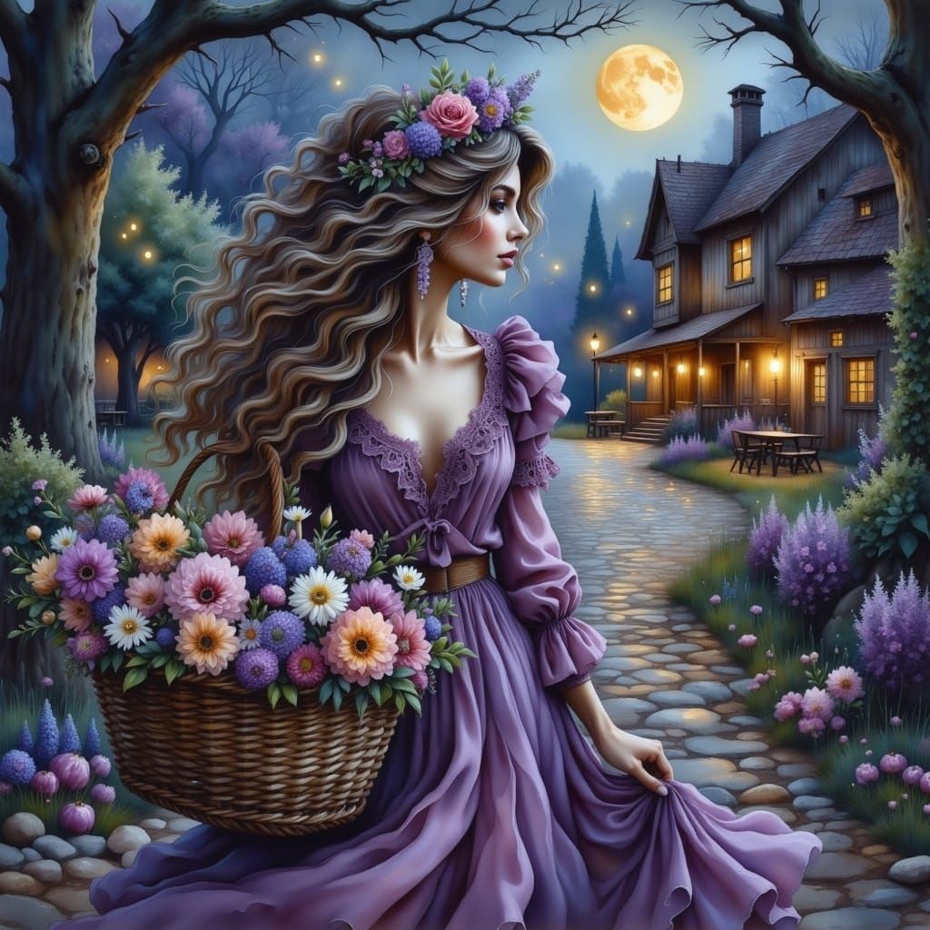 Maiden in Lavender Dress Walking Magical Forest Path