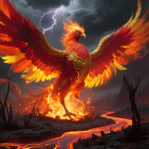 Fiery Phoenix Rising from Embers in Hyper-Detailed Style