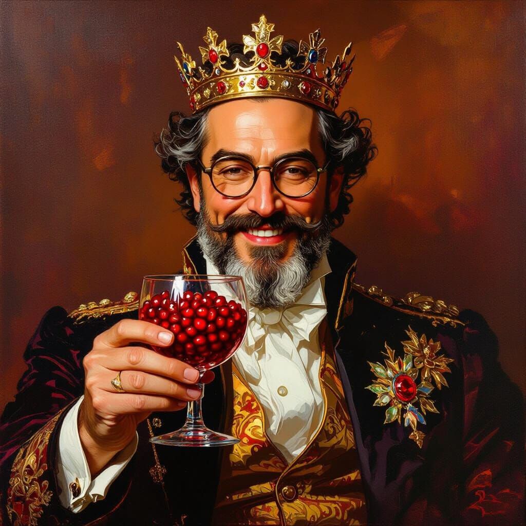 Regal King with Pomegranate Glass, Bold Oil Painting