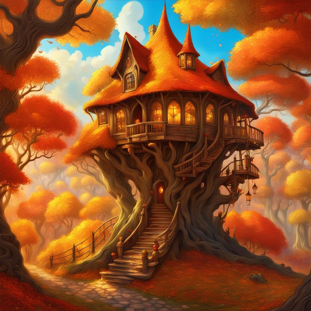 Autumn Kingdom Fae Treehouse in 60s Fantasy Style