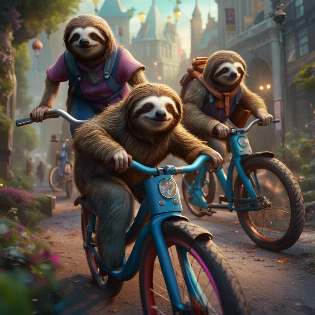 Sloths on Bikes: Detailed Fantasy Concept Art