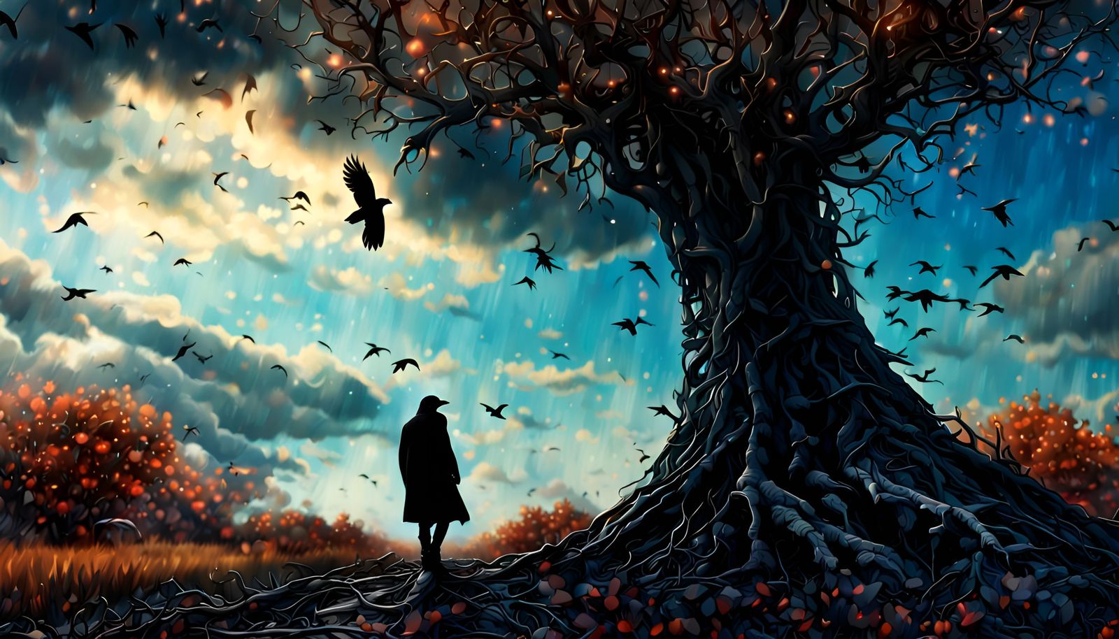 there's a crow flying, black and ragged, tree to tree