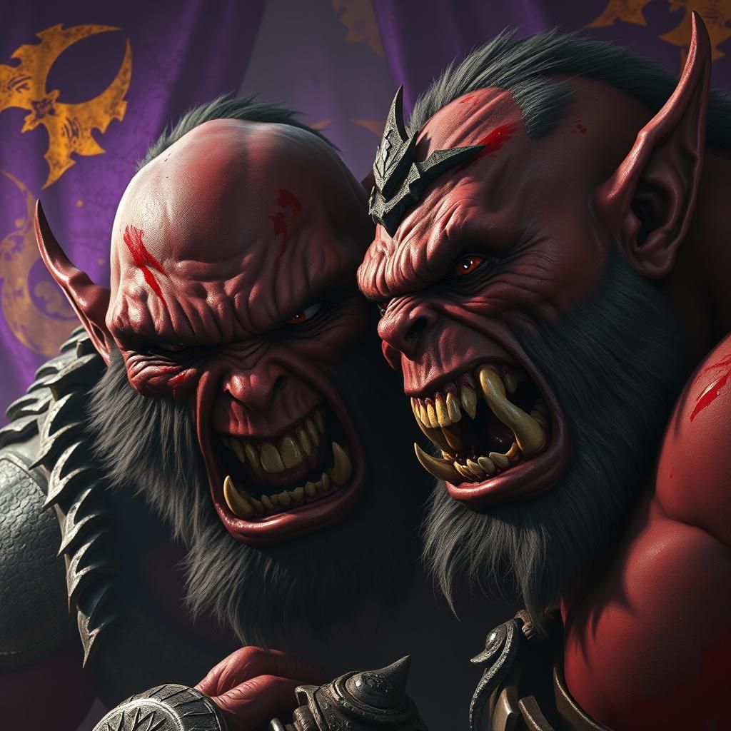 Blood soaked Red Orcs fighting Trolls Hyperrealistic, splash...