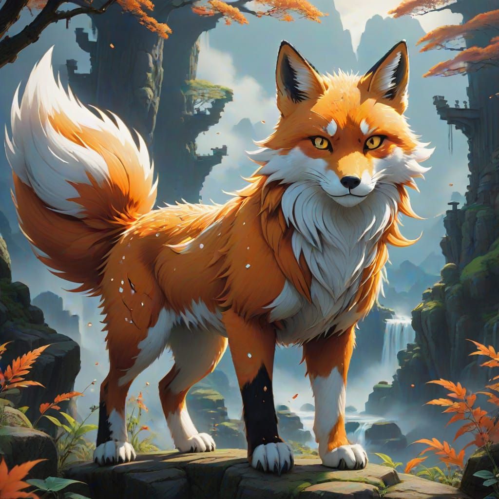 Majestic Nine-Tailed Fox in a Misty Realm