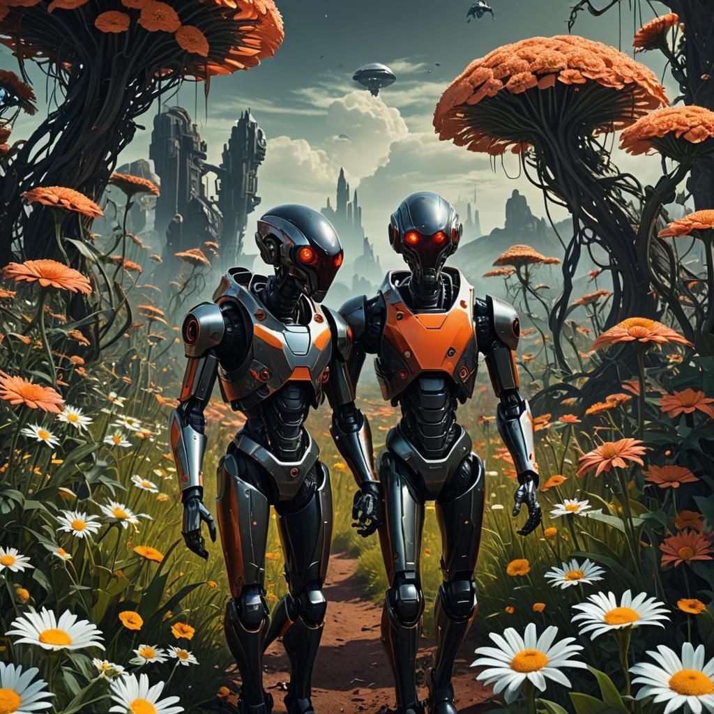 Robots Stroll Through Alien Landscape in Sci-Fi Art