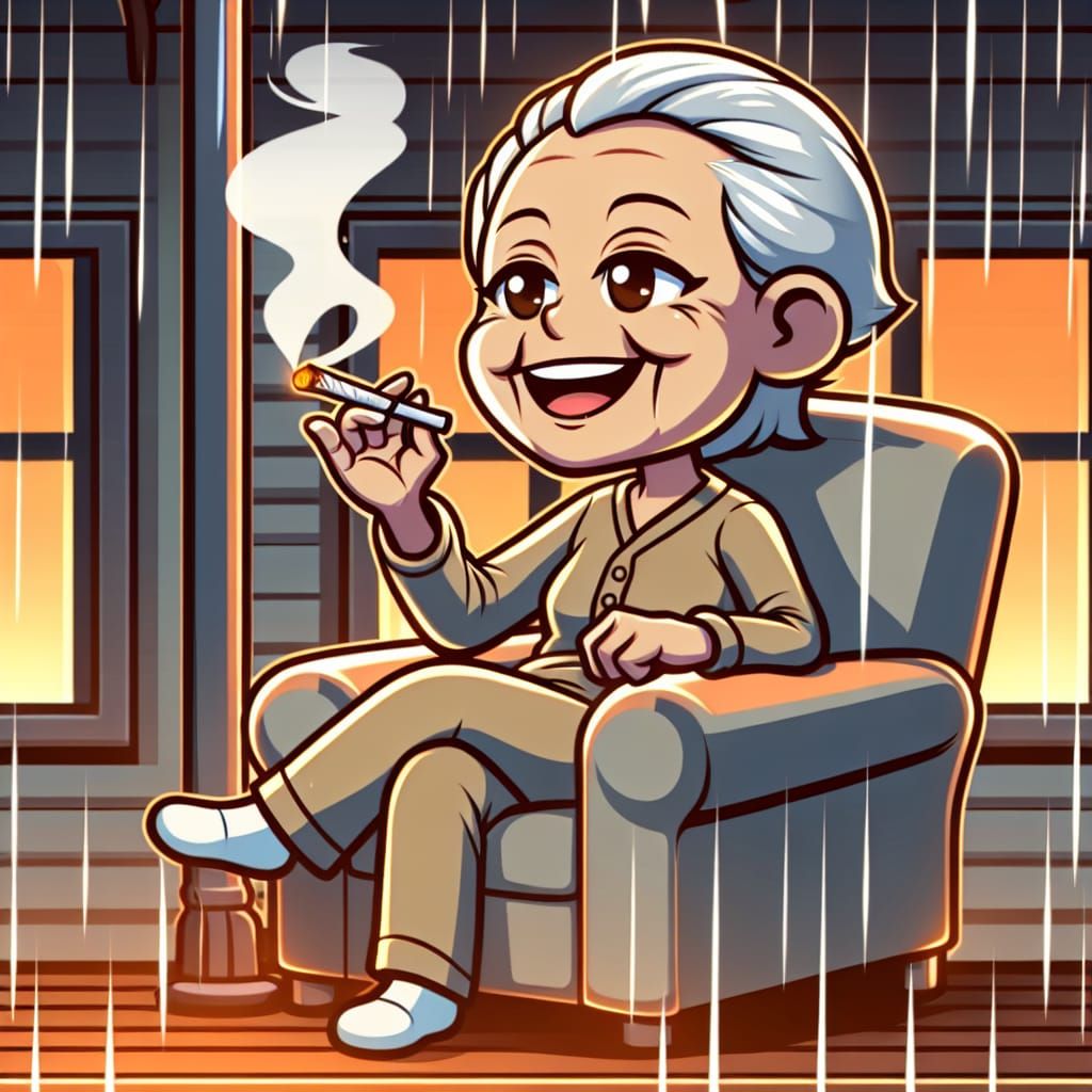 Cartoon Grandma Smoking on Porch in Rain