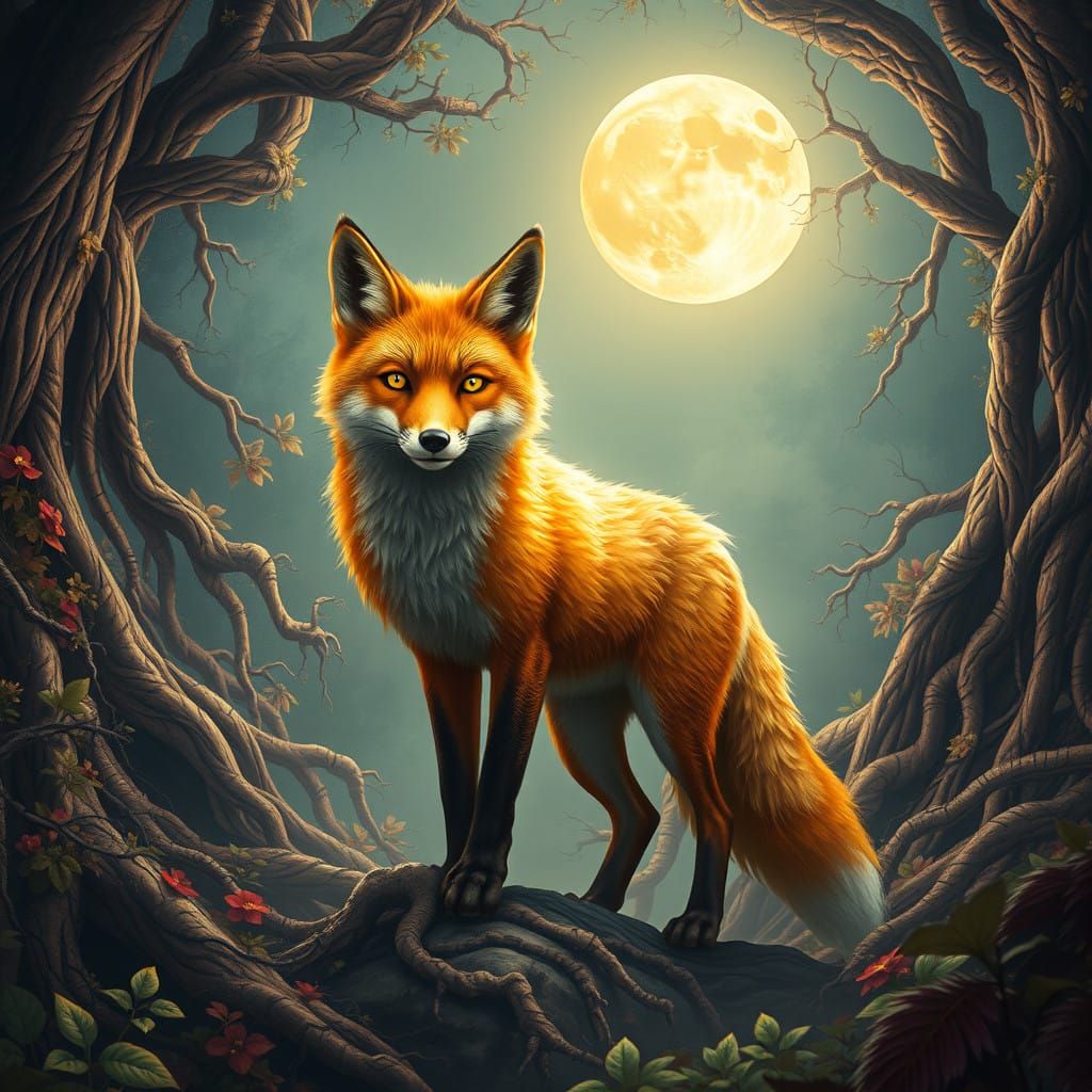 Majestic Fox in Lunar Dreamscape