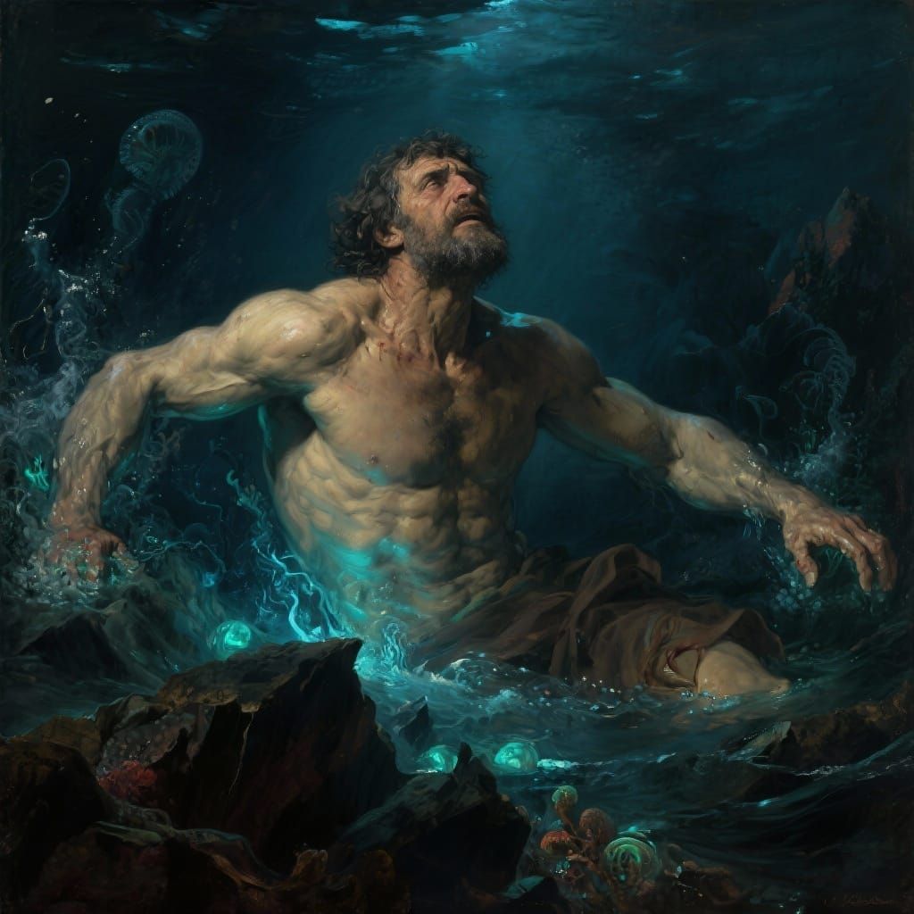 Muscular Theseus Drowns in Eerie Deep Sea Bioluminescence