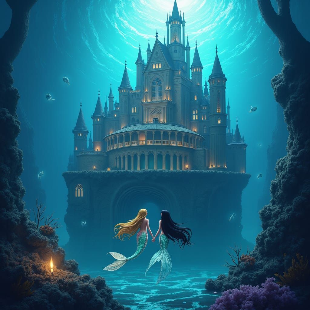Underwater Castle with Mermaids in Fantasy Style