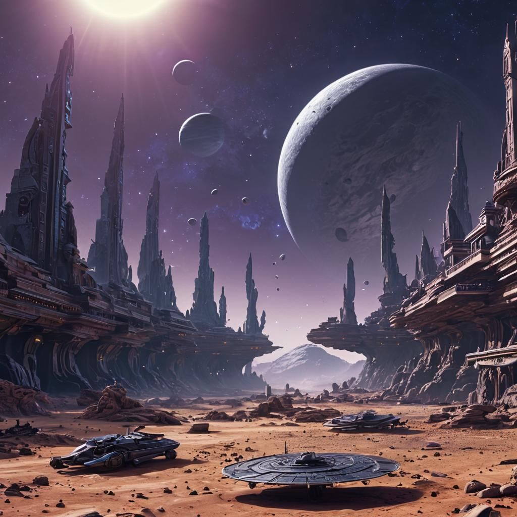 Space Opera Scene with Elegant Aliens and Ancient Constructi...