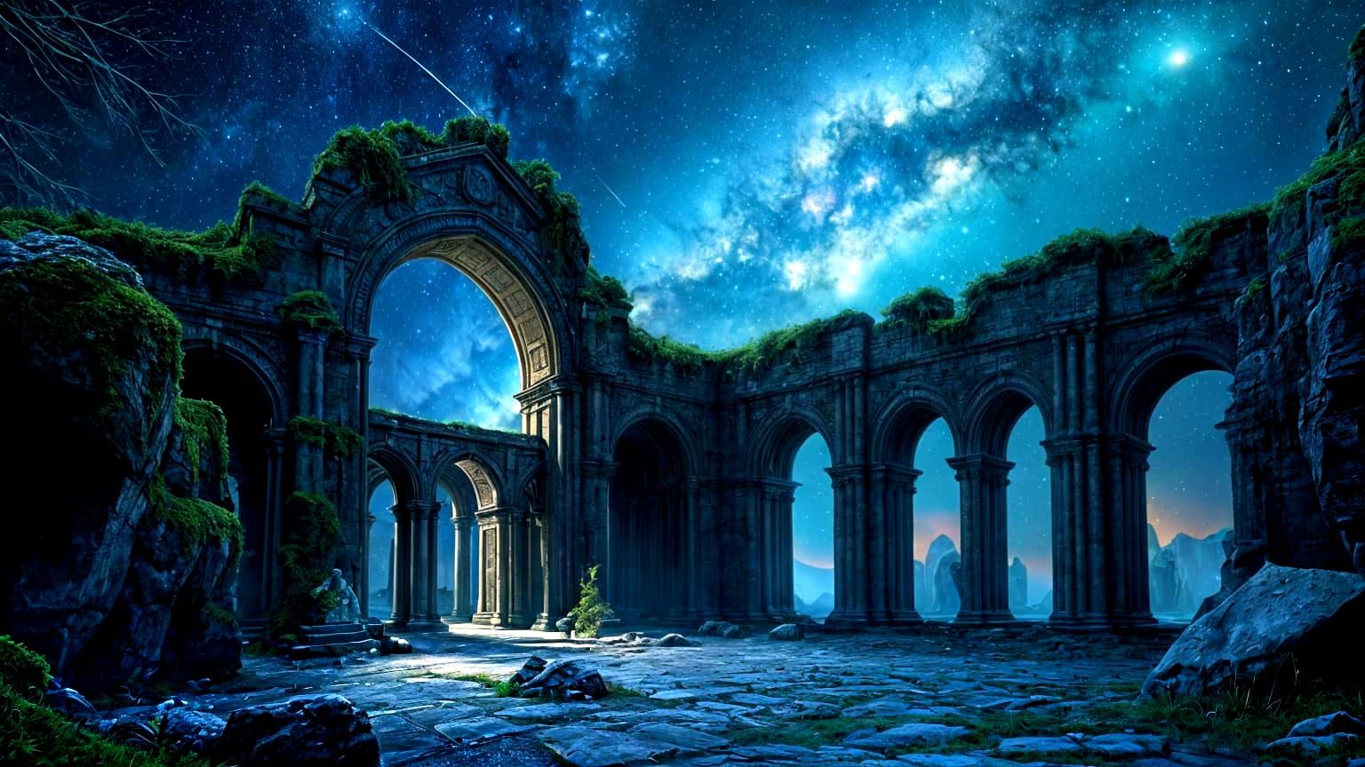 Elven Ruins Under Starry Nebula Sky