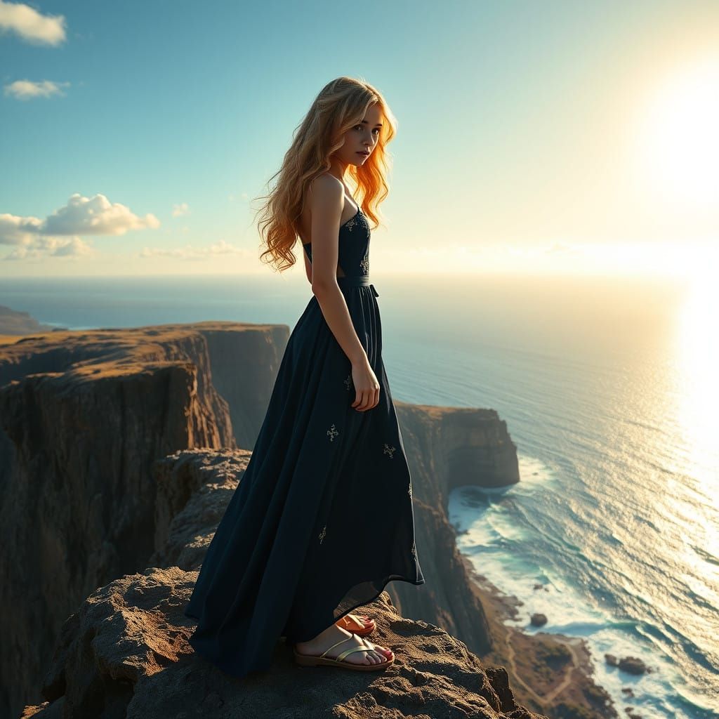 Ethereal Goddess on Cliff's Edge, Gazing at Stormy Sea