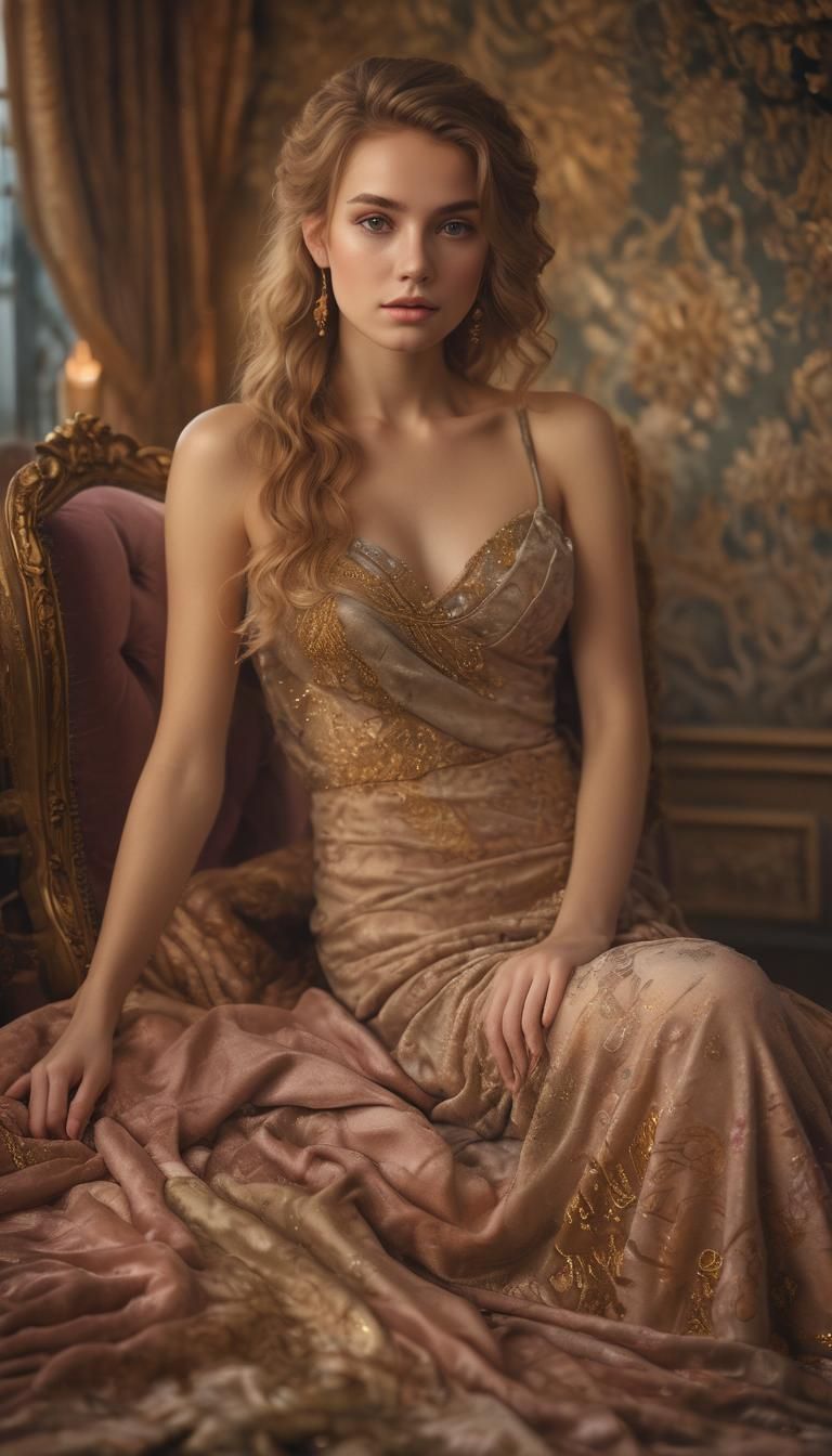Romantic Portrait of Beautiful Woman in Velvet Room