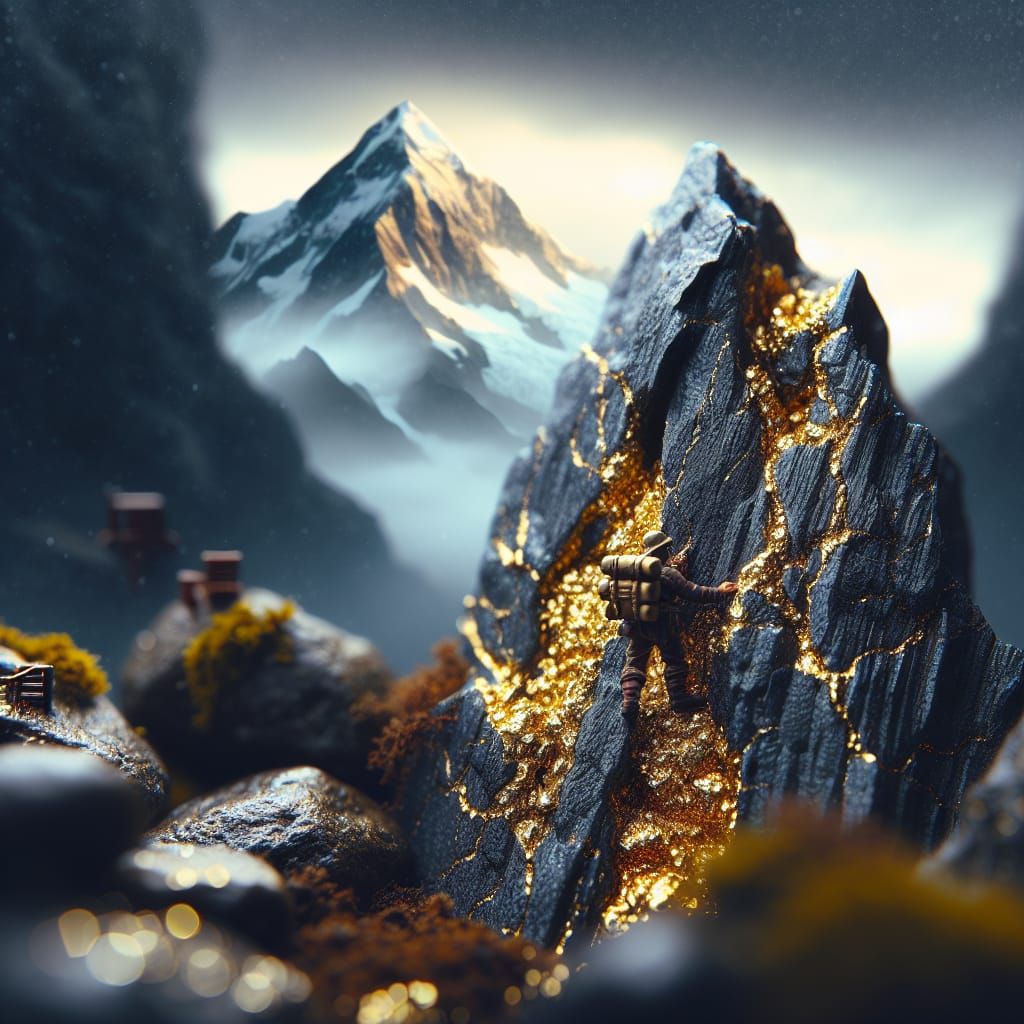 Alpinist on Gold Veined Rock Face, Hyperrealistic Close-up