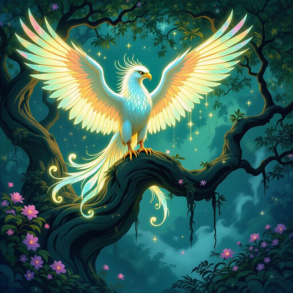 Bioluminescent Griffin in Mystical Art Nouveau Grove