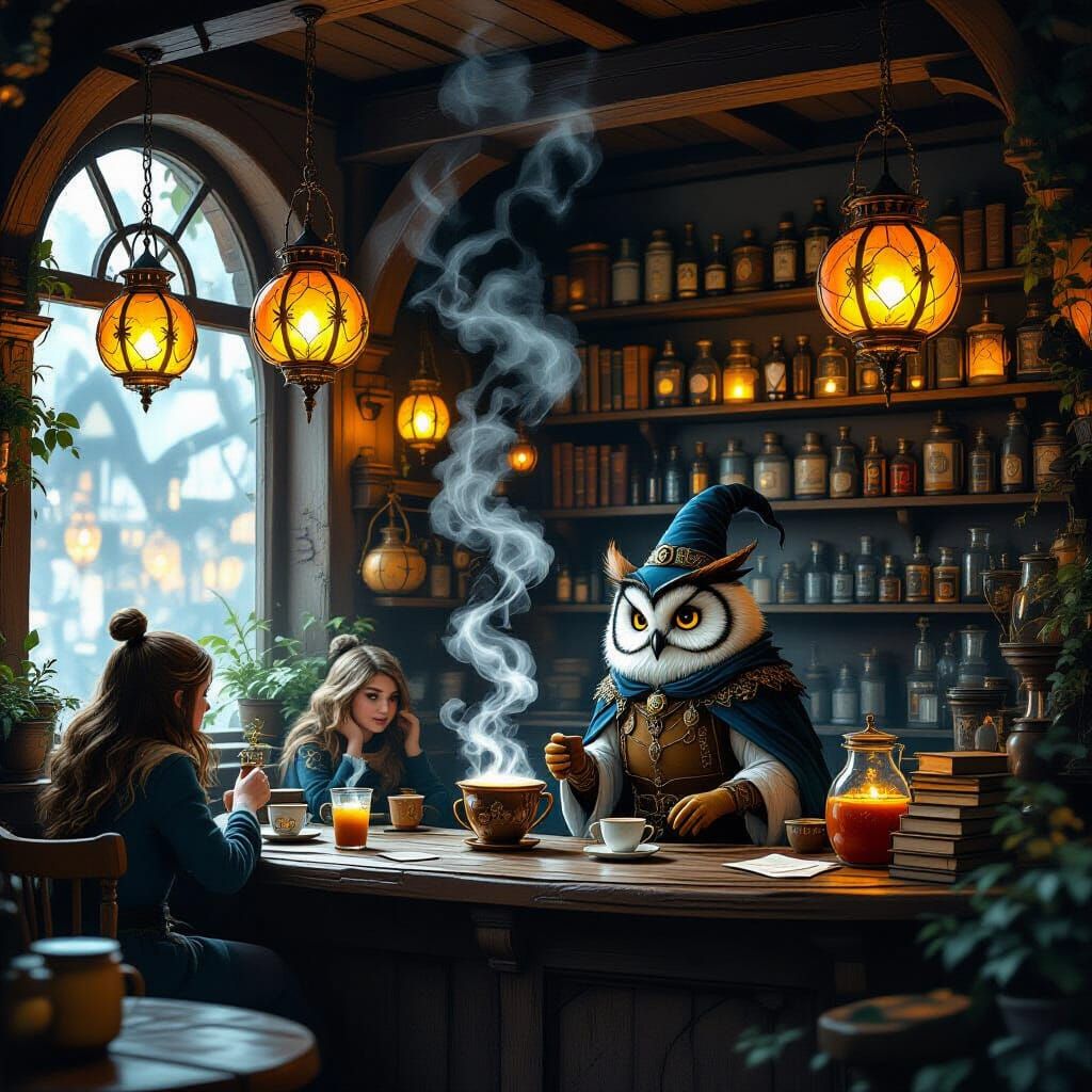 Magical Cafe With Mystical Owl Creature