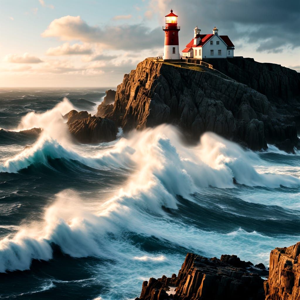 Lighthouse in Stormy Seas: High Resolution Digital Art
