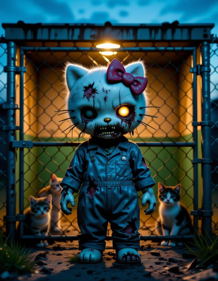 Horror Cinematic Photo of Zombified Hello Kitty at Animal Sh...