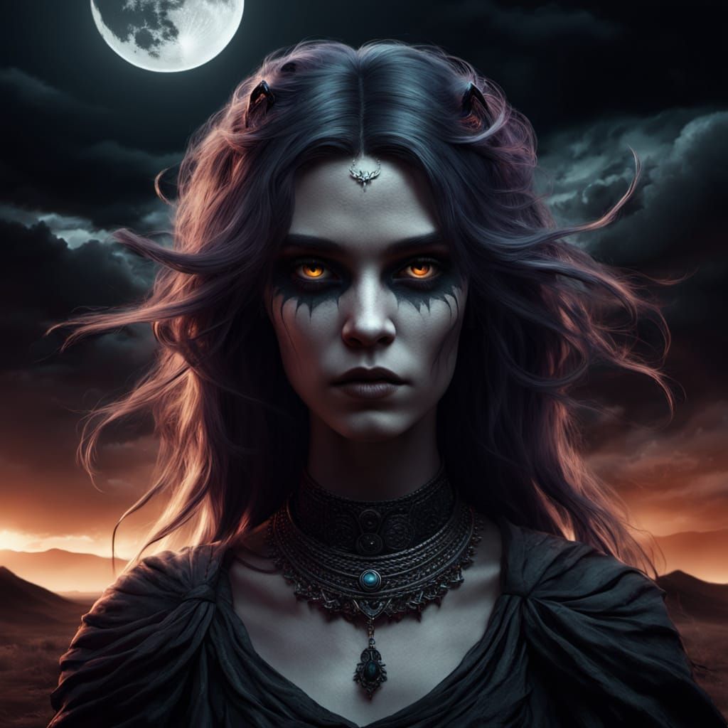 Lilith in Dark Desert Under Black Moon
