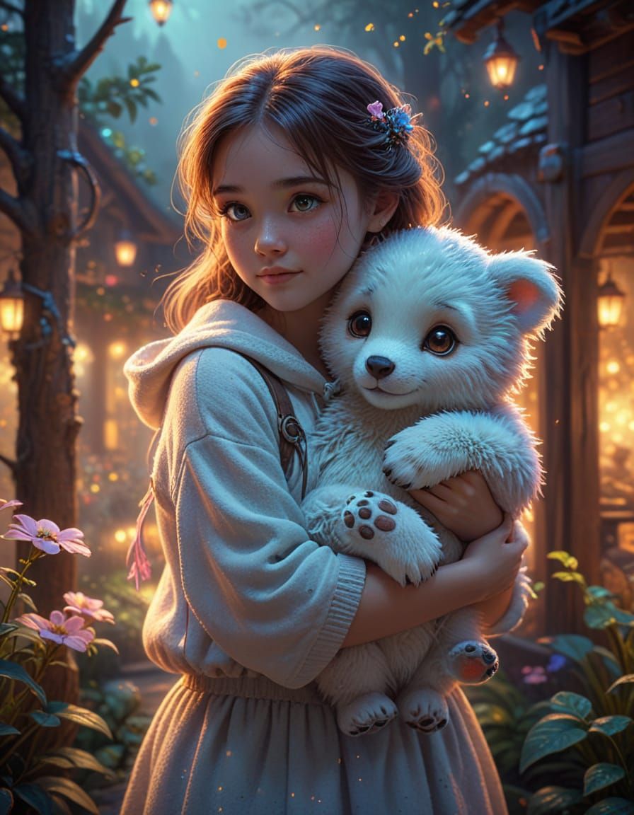 Cute Girl Hugs Animal: Kawaii Digital Art