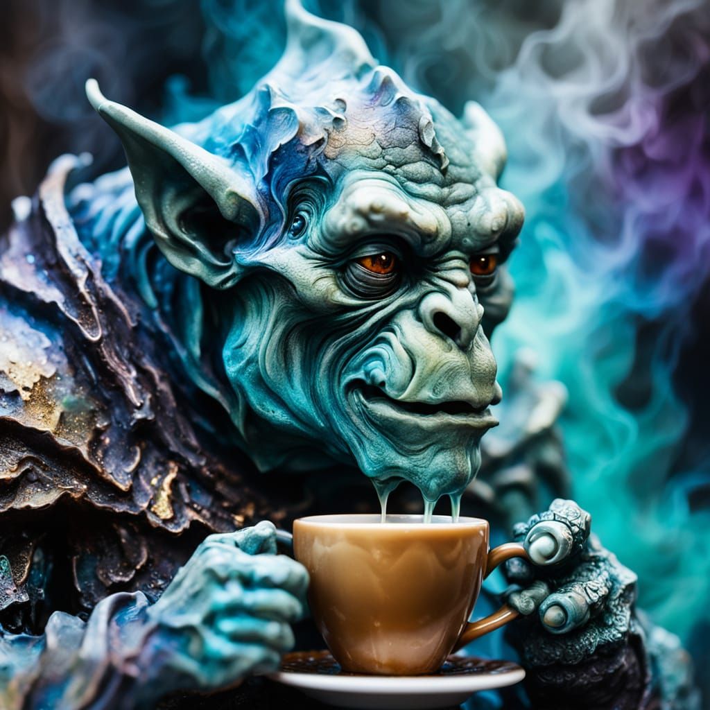 Gargoyle Sipping Espresso in Gothic Cathedral, Macro Photogr...