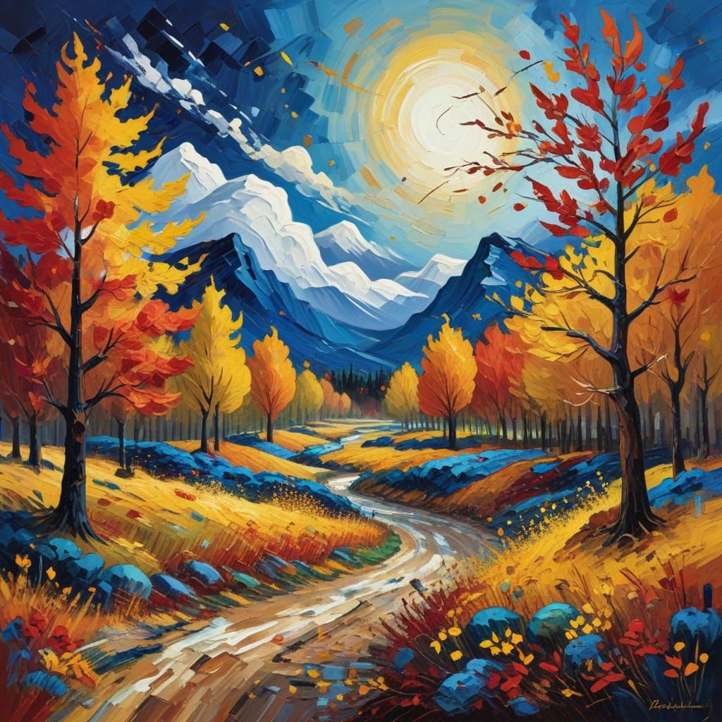 Vibrant Autumn Landscape in Dynamic Expressionist Style