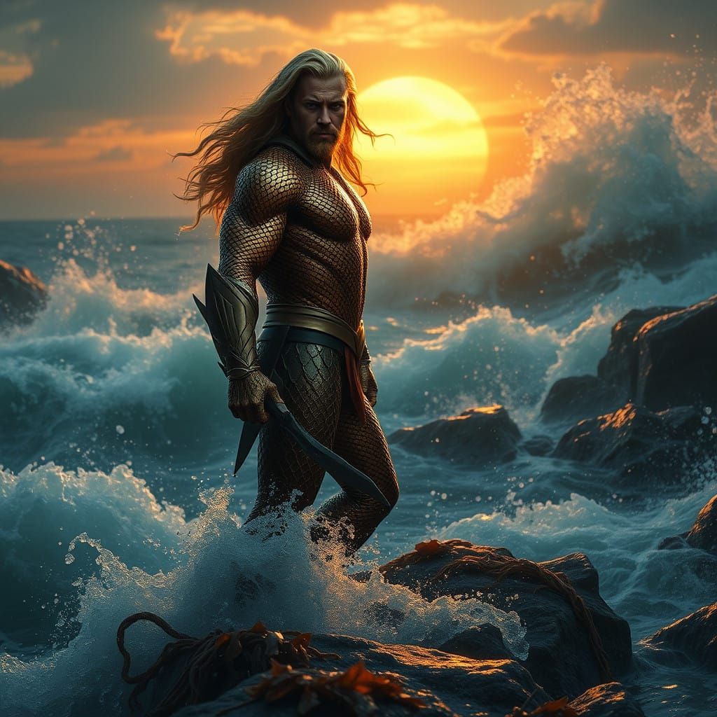 Heroic Aquaman at Sunset Ocean