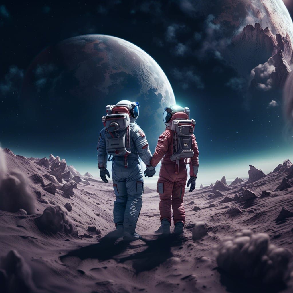 Astronaut Couple Holding Hands on the Moon