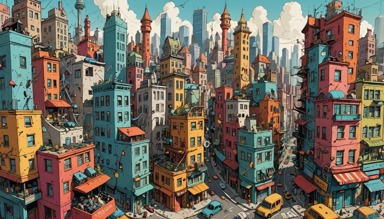 Whimsical Cityscape in Moebius Style Digital Painting