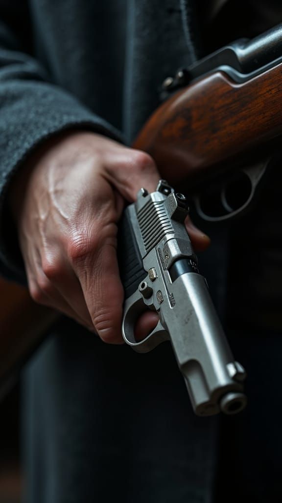 Man's Hand Gripping Pistol in Hyperrealistic Detail