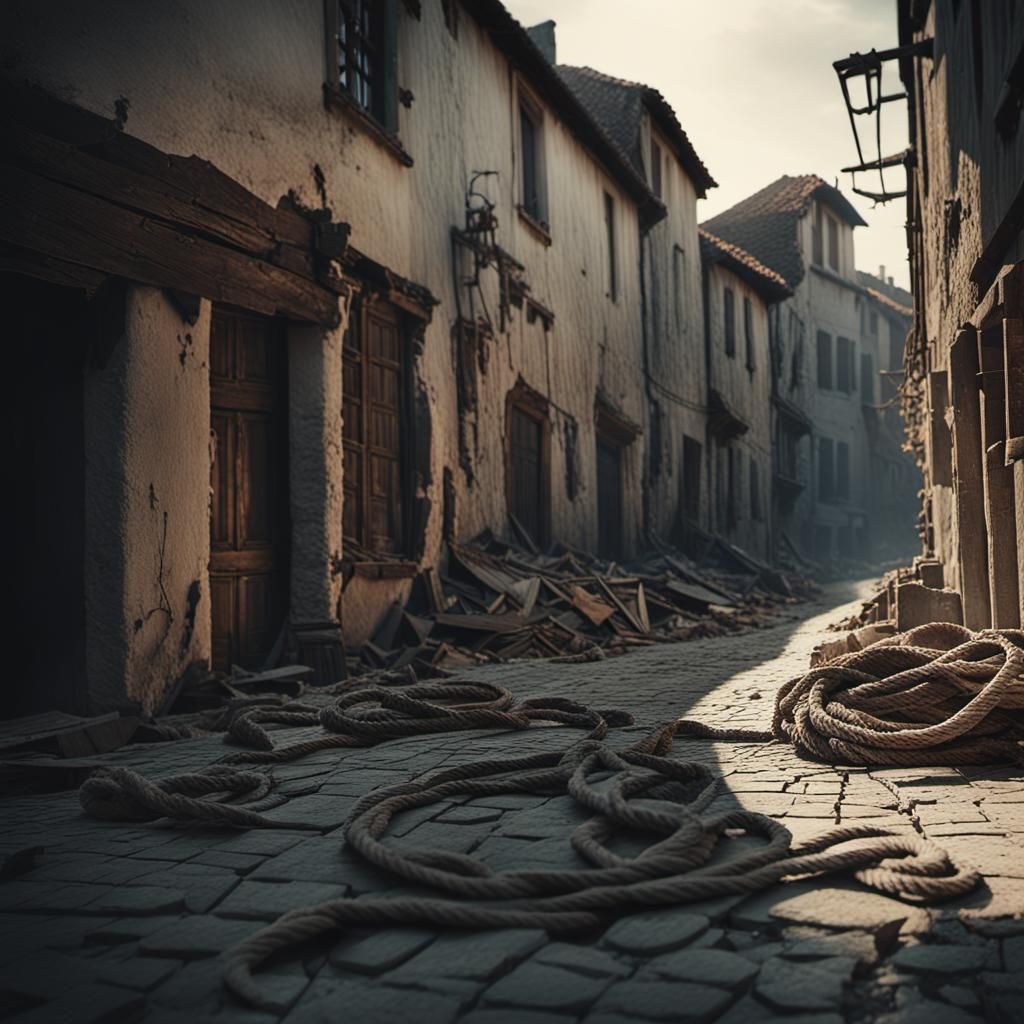 Ruined Medieval Street with Debris in Cinematic Style