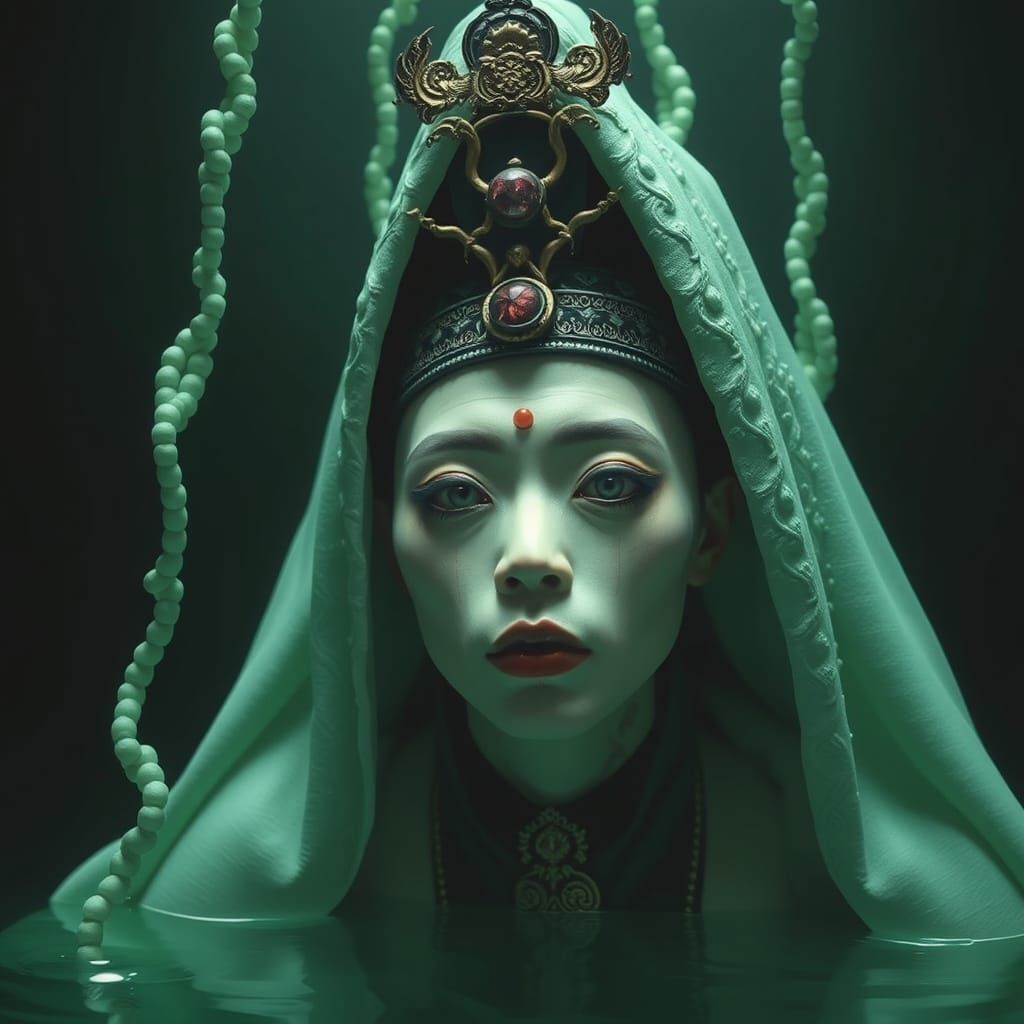 Androgynous Oriental Cleric Amidst an Underwater Oasis