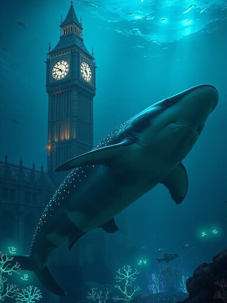 Whale Shark and Gothic Clock Tower in Deep Blue Water