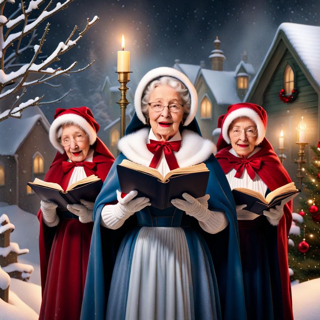 Elderly Christmas Choir Caroling in Snowy Scene