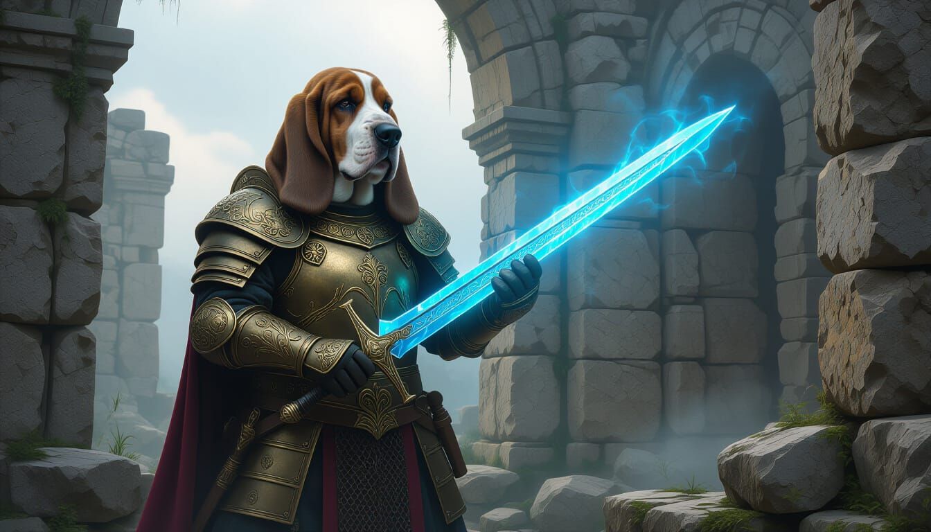 Basset Hound Warrior in Ancient Bronze Armor with Glowing Sw...