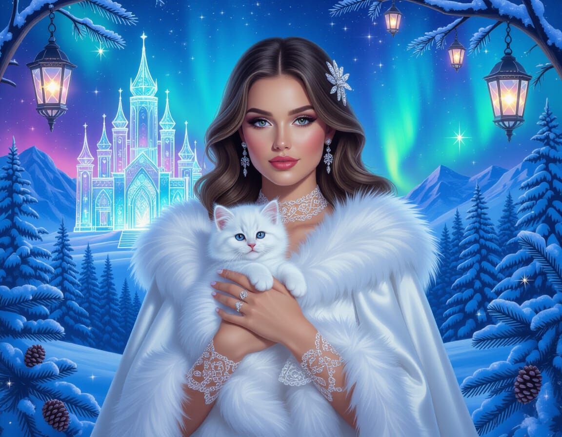 Chic Woman in Fur Cape with Kitten by Crystal Palace