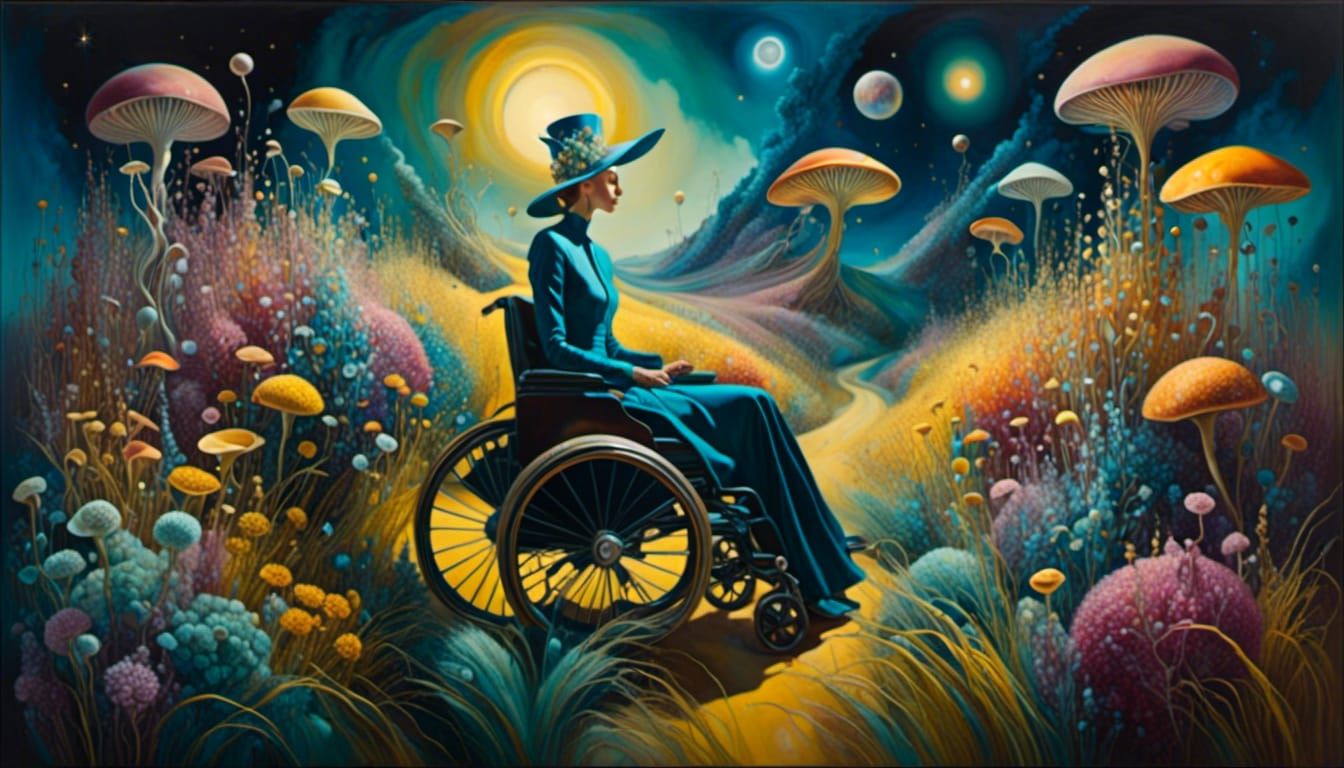 Woman in Wheelchair Under Starry Sky: Surreal Oil Painting