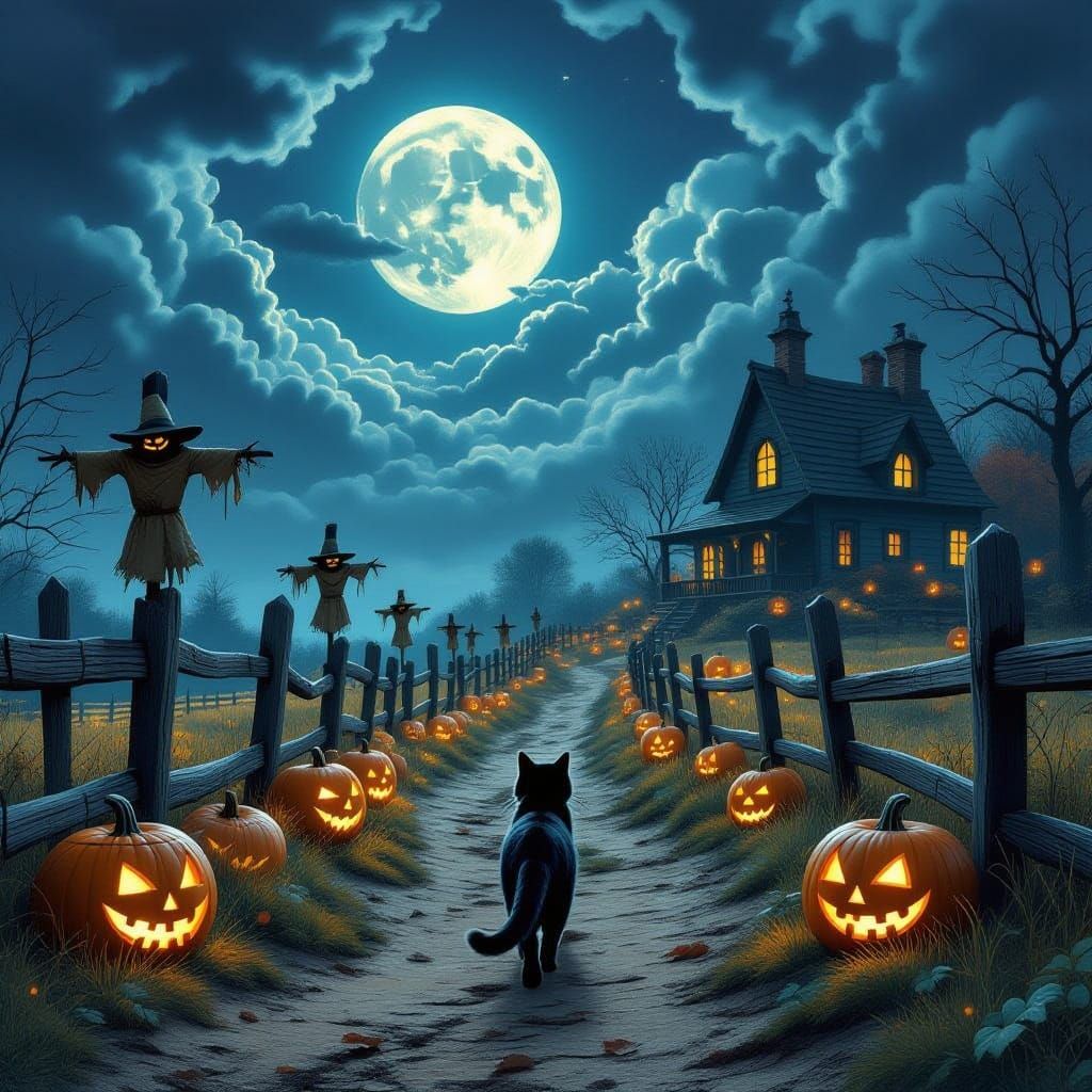 Black Cat on Rustic Path with Scarecrows and Jack-o'-Lantern...