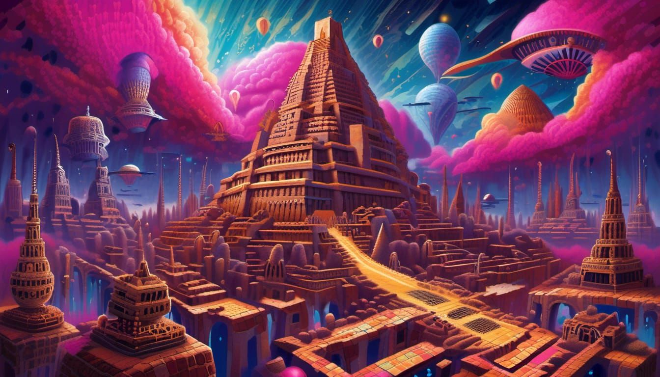 Psychedelic Sumerian City with Tower of Babel