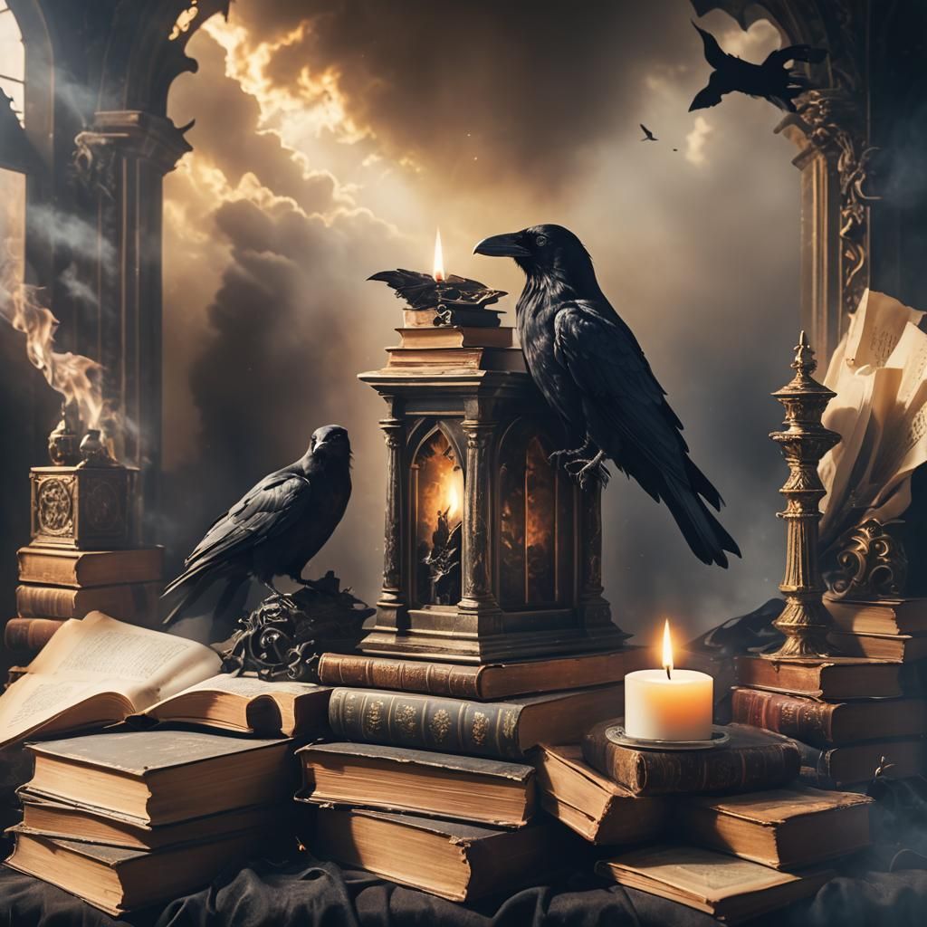 Gothic Raven Scene with Candlelight and Books