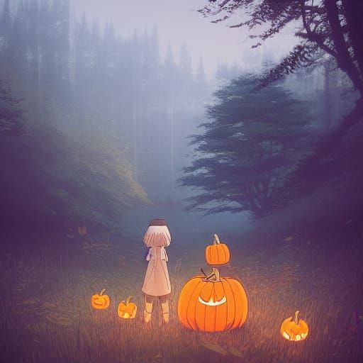 Enchanting Forest Pond With Pumpkins, Anime Style