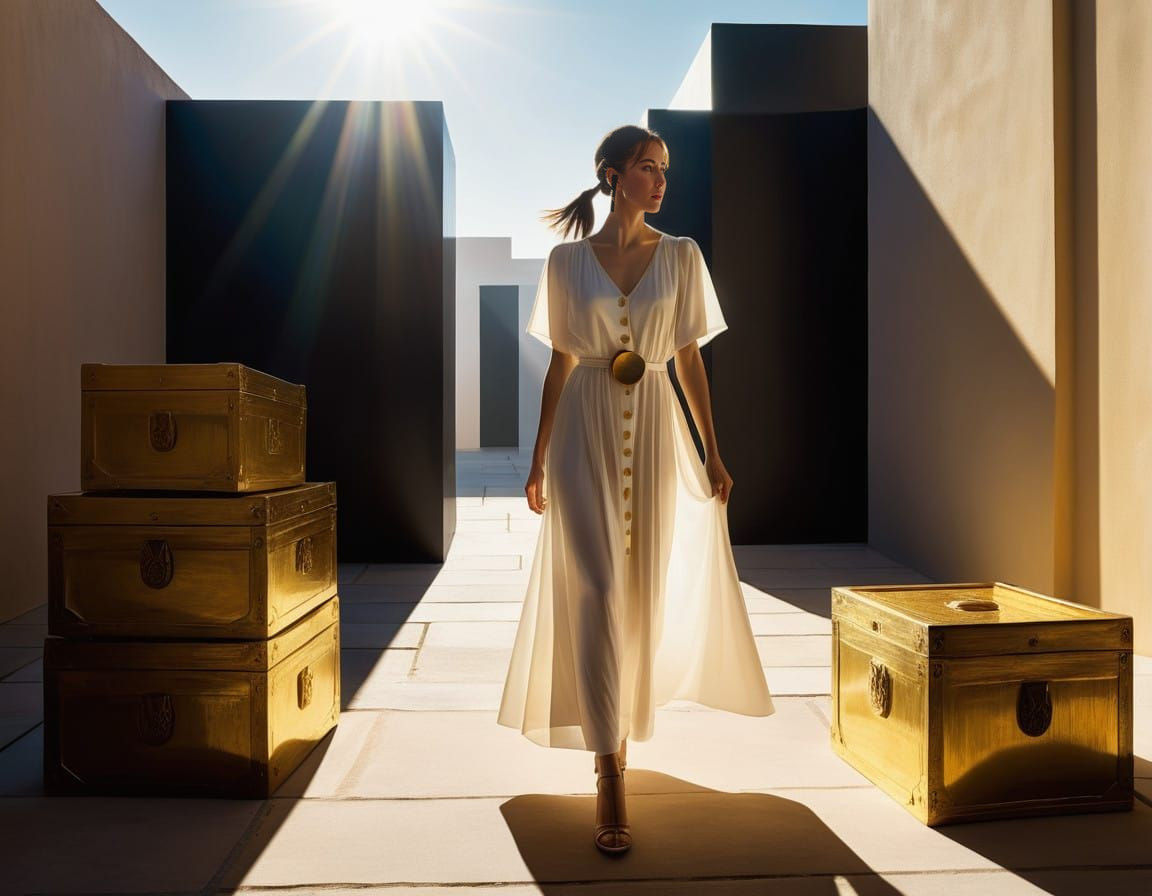 A Woman Walks Past Glowing Golden Crates in Sunlit Realism
