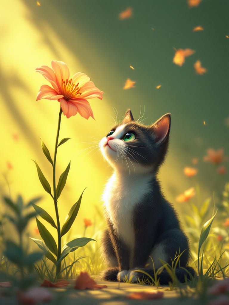 Adorable Cat Under Flower in Golden Light