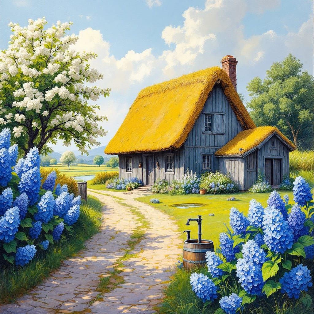 Vibrant Oil Painting of an Old Wooden House with Blooming Ga...