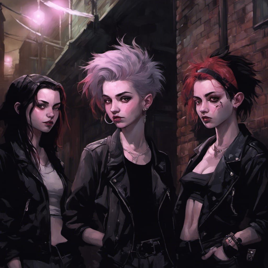 Punk Girls in Alley at Night: Painterly Art