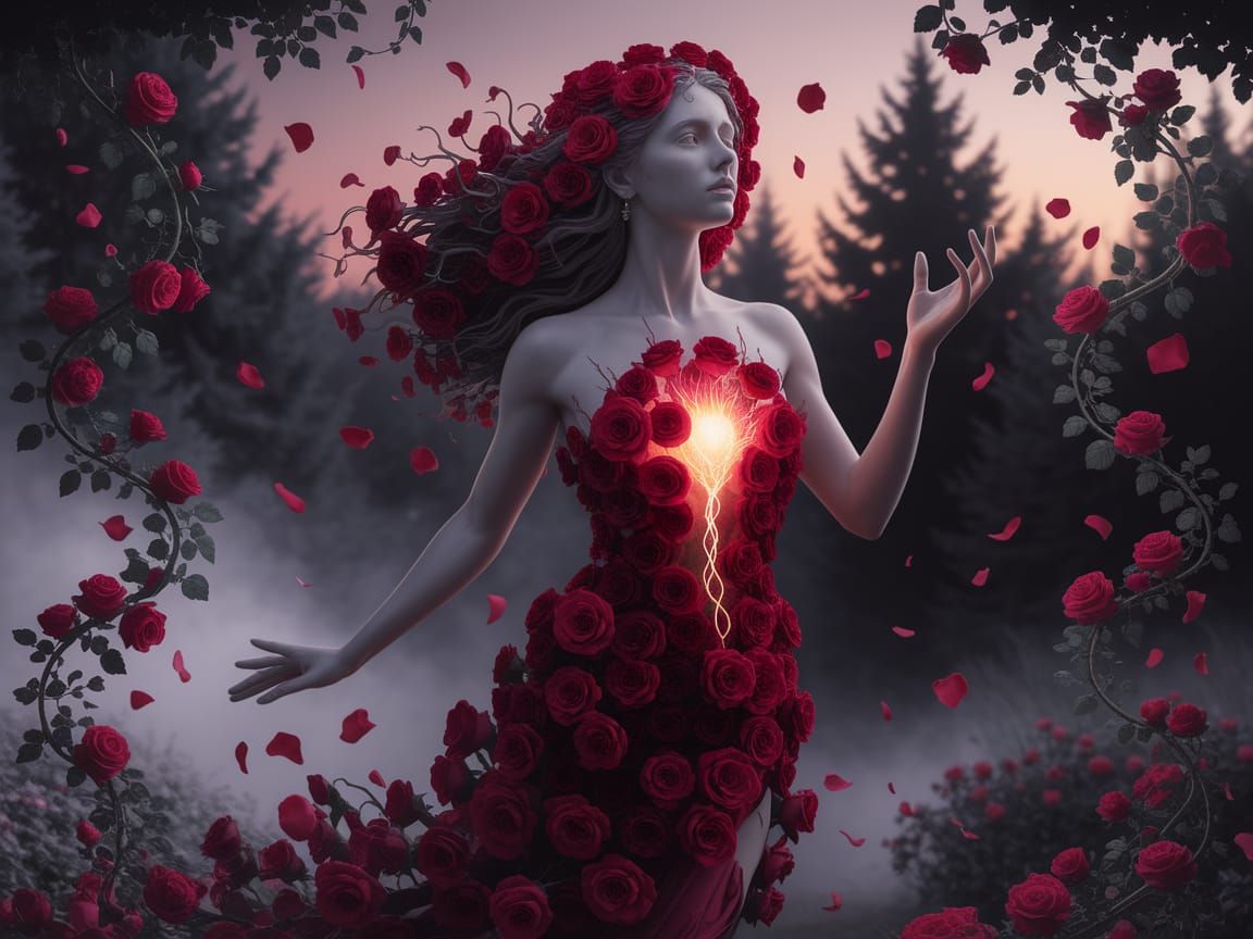 Ethereal Rose Goddess in Twilight Garden