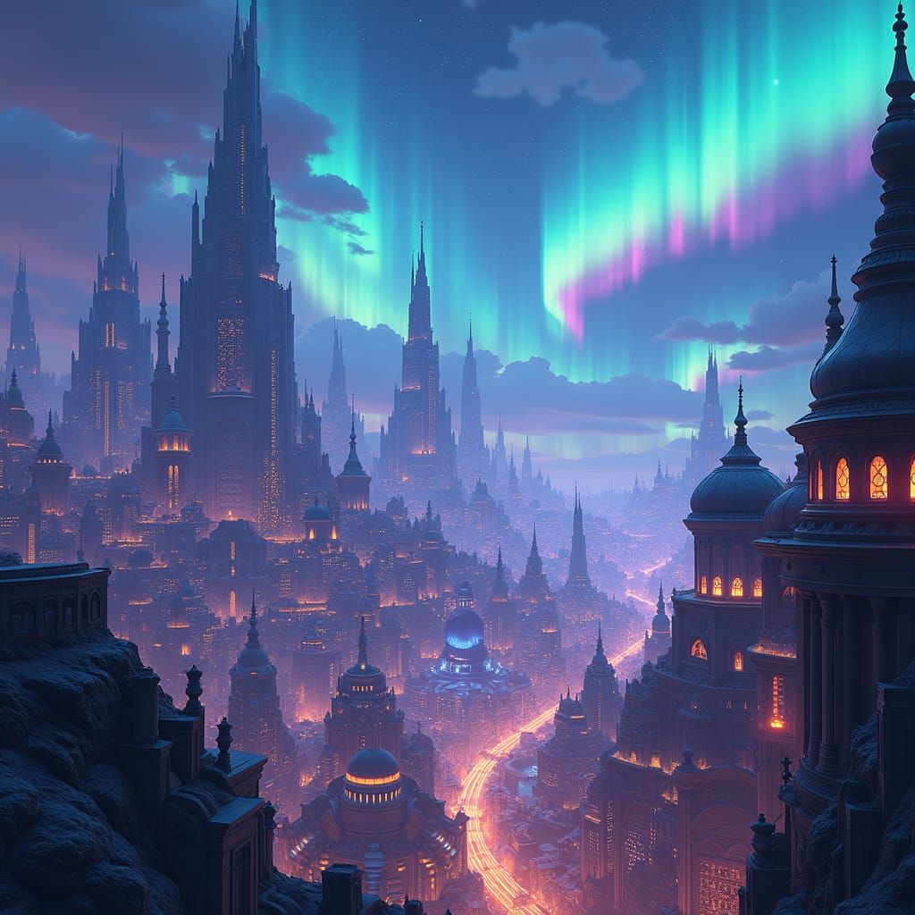 Futuristic Cityscape with Aurora Sky, Digital Matte Painting