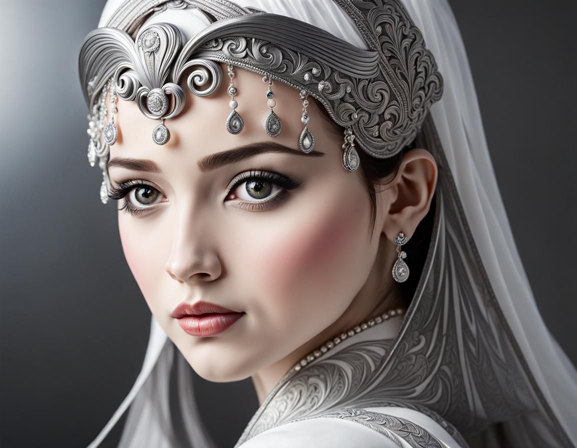 Art Nouveau Portrait with Silver Eyes