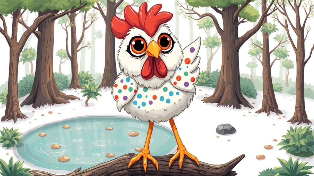 Vibrant Whimsical Chicken Perched in a Forest