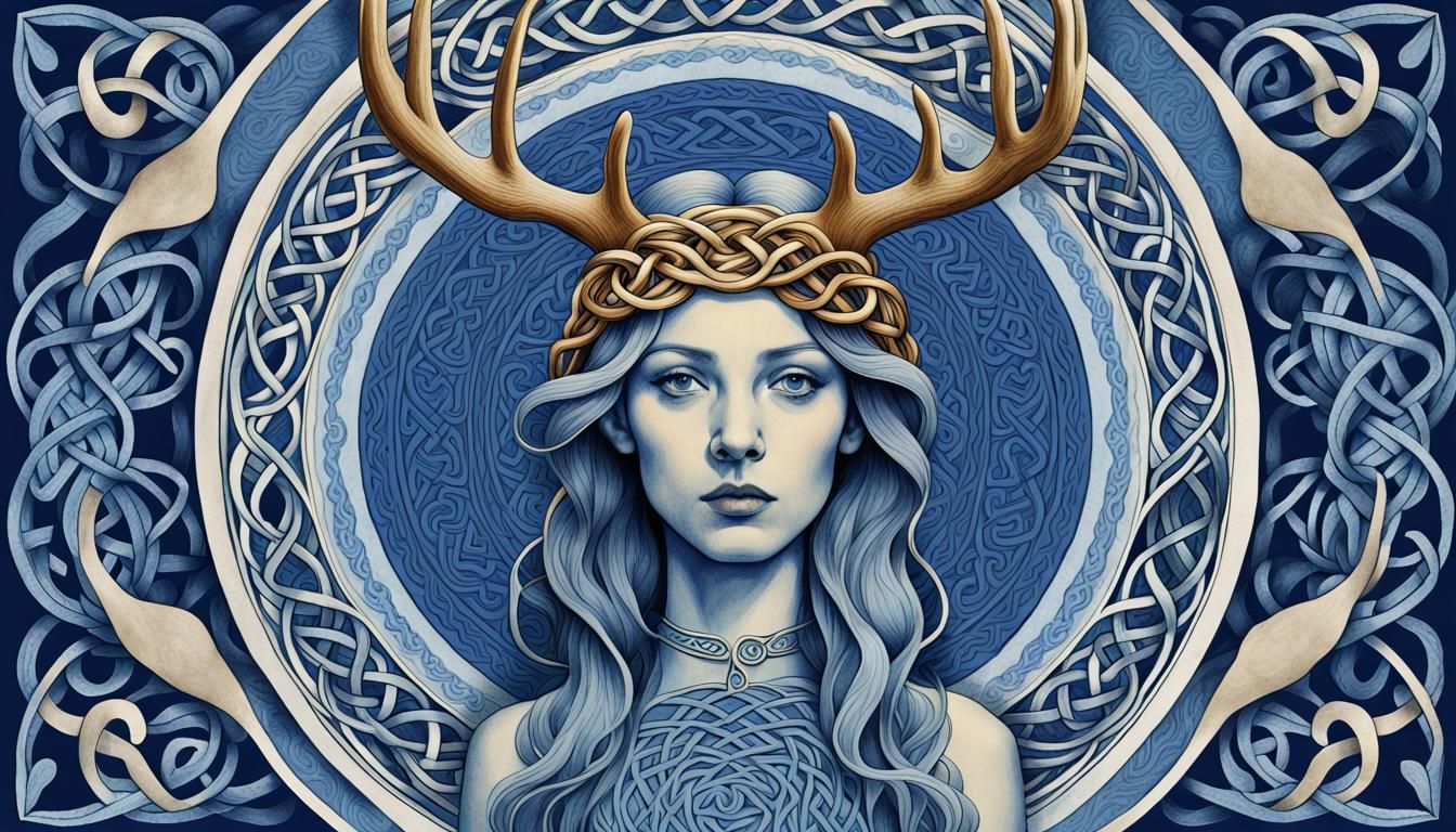Antlered Woman: Surreal Art Nouveau Op-Art Fusion